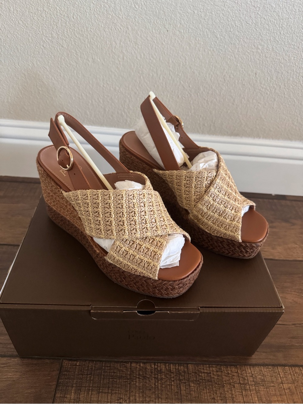 Linea Paolo Tan Woven Straw Platform Slingback Wedges